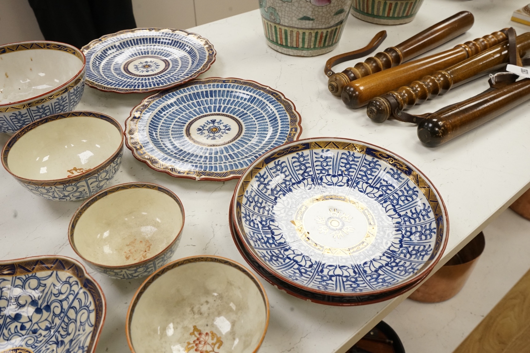 A collection of Worcester Royal Lily pattern tea, coffee and dessert wares and two similar dishes, late 18th/early 19th century